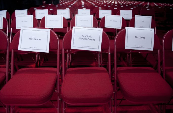 A seat is assigned to first lady Michelle Obama prior to Wednesday's debate.