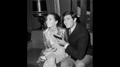 George Lazenby, who played James Bond, and Rigg, who played Teresa di Vicenzo, during a news conference for "On Her Majesty's Secret Service" in London, in October 1968.
