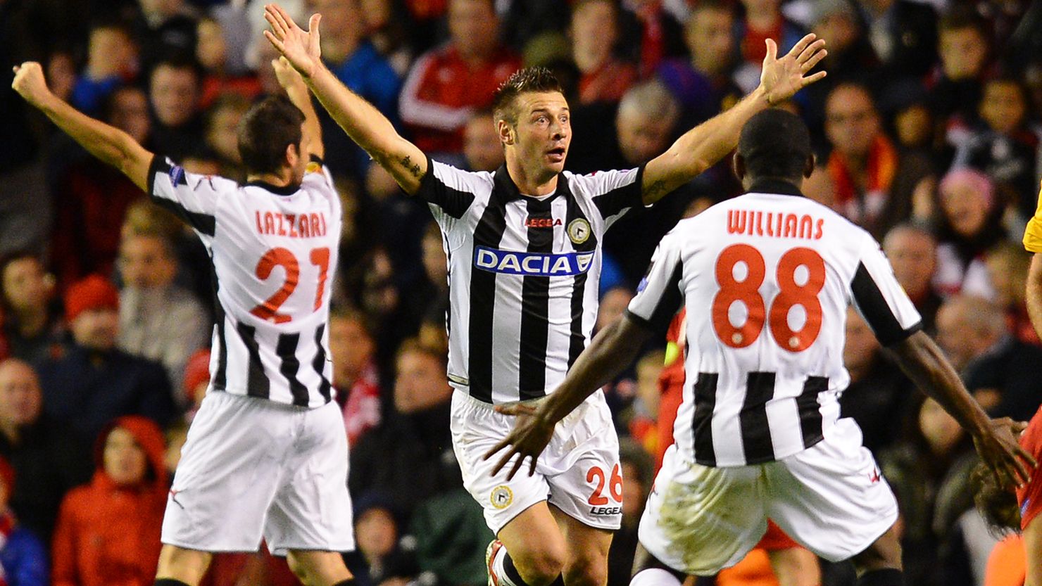 Udinese's Giovanni Pasquale celebrates his goal against Liverpool at Anfield that helped his club to a 3-2 win