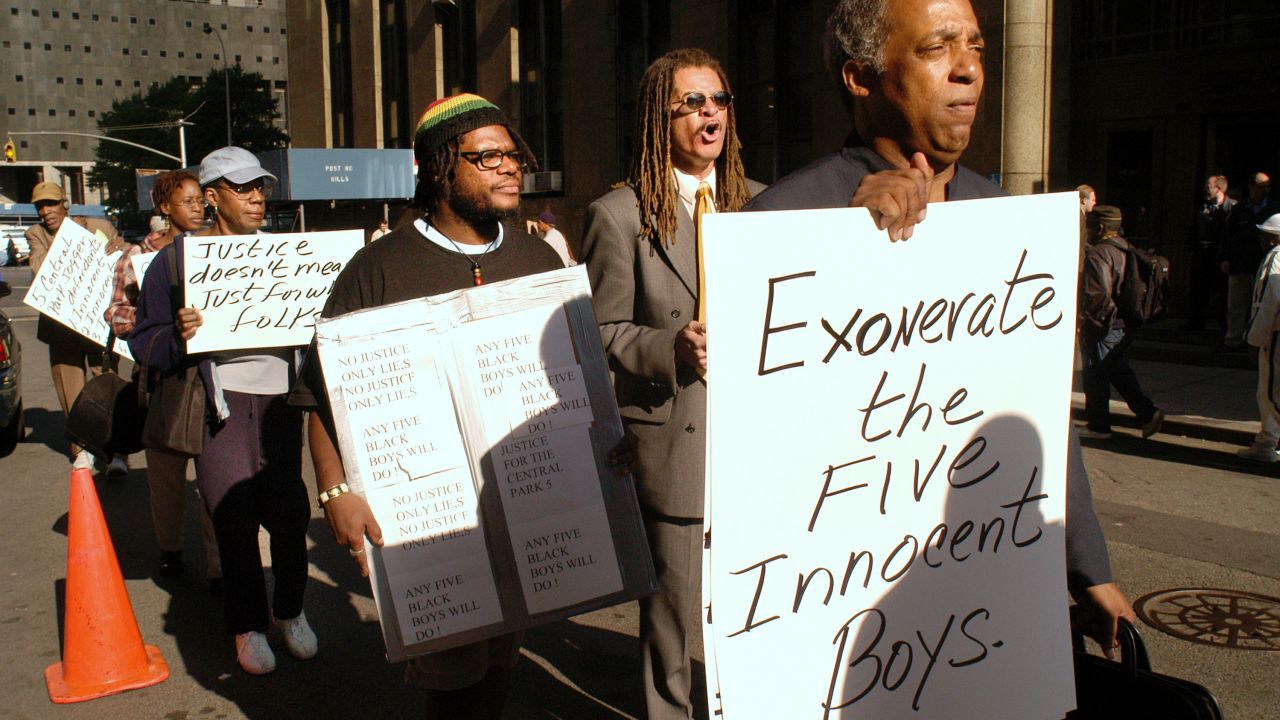 In September 2002, a group of protesters in New York demanded that the five young men convicted in the 1989 rape of a Central Park jogger be exonerated.