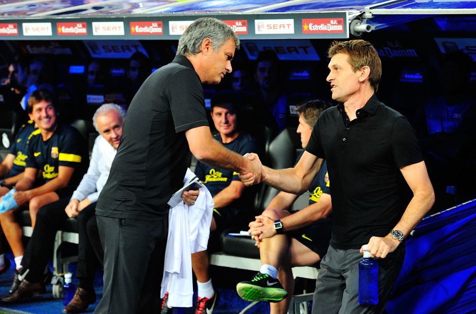 Real coach Jose Mourinho had a fiery confrontation with then Barcelona assistant coach Tito Vilanova in August 2011. Mourinho poked Vilanova in the eye amid a scramble on the touchline of last year's Super Cup encounter. Vilanova has since gone on to replace Josep Guardiola as Barca coach.