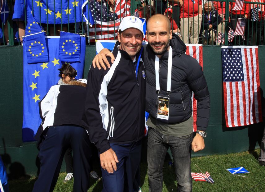 Josep Guardiola, right, gave his support to Europe's victorious Ryder Cup campaign in Illinois last weekend. The former Barca coach has also echoed calls for Catalan secession, declaring on the region's national day: "Here's one more vote for independence."