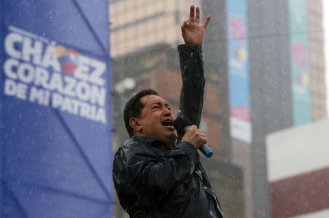 Chavez delivers a speeech in the rain during his on Thursday. Venezuelans head to the polls on Sunday, October 7.