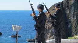 South Korean police watch over the rocky outcrop located between the Korean peninsula and Japan. The head of the Dokdo guards, Lee Gwang-seup says, "Japan wants to take our land by force. This has been our land since ancient times and we have to protect it." Japan calls the islands Takeshima.