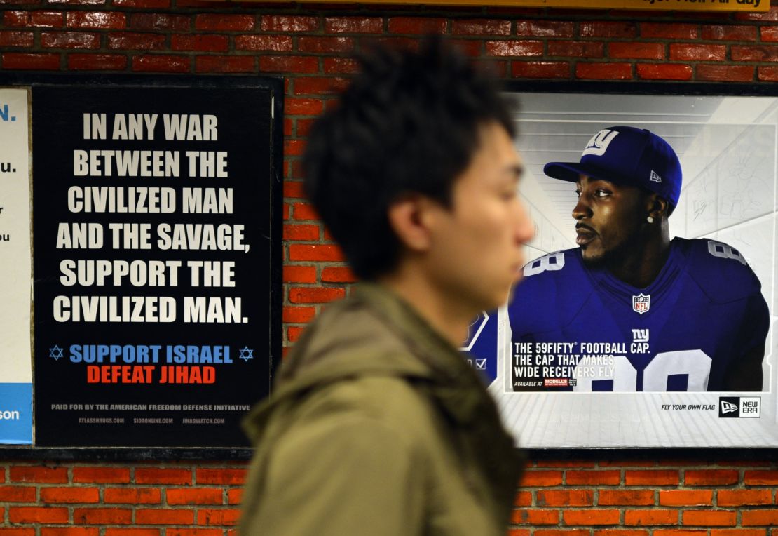 A "Defeat Jihad" ad in a New York subway, placed by the  American Freedom Defense Initiative.