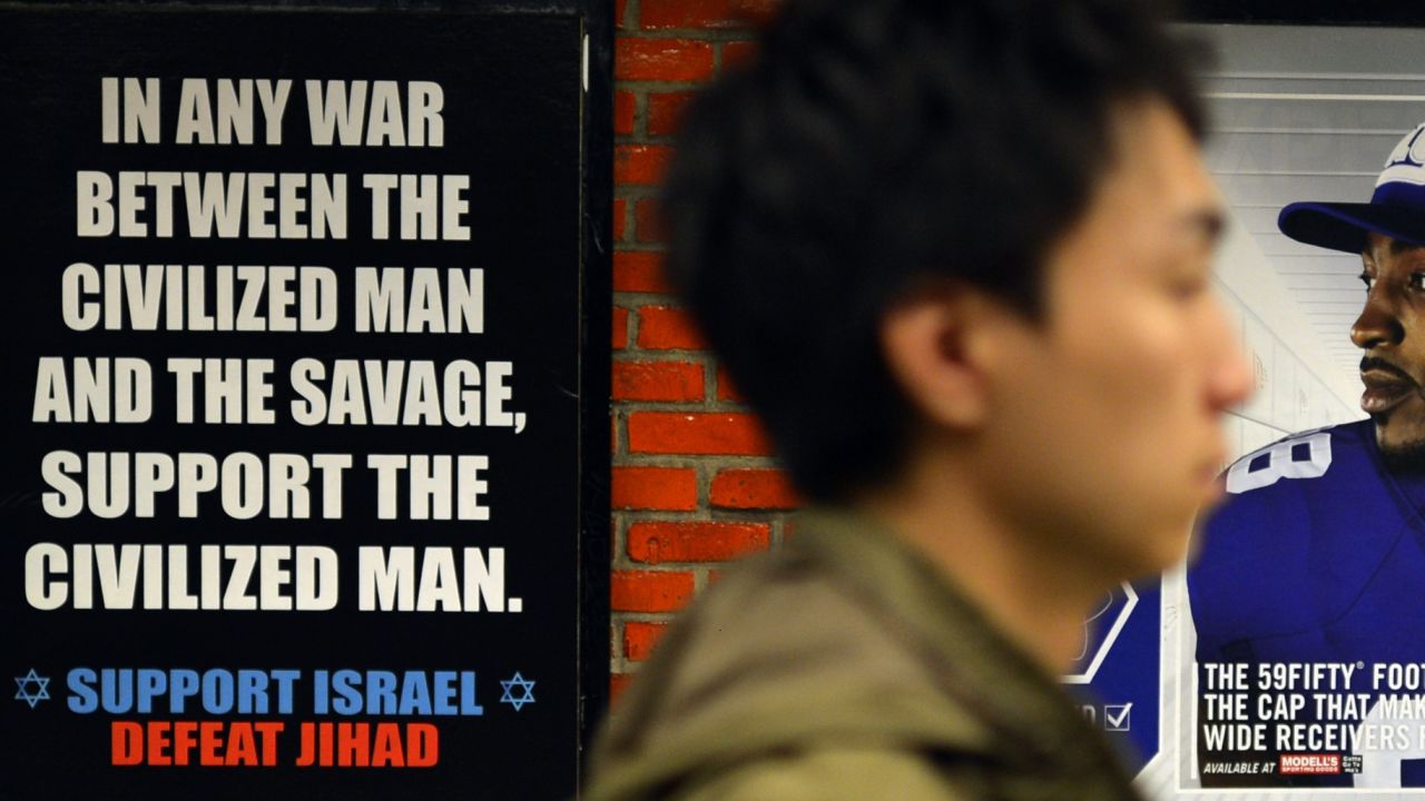 A "Defeat Jihad" ad in a New York subway, placed by the American Freedom Defense Initiative.