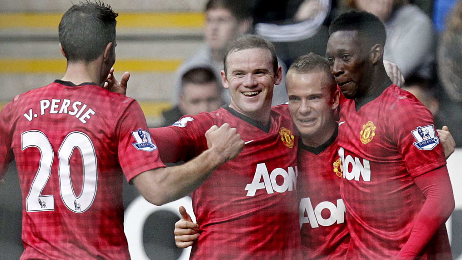 Manchester United players celebrate Tom Cleverley's superb goal in the 3-0 win at Newcastle.