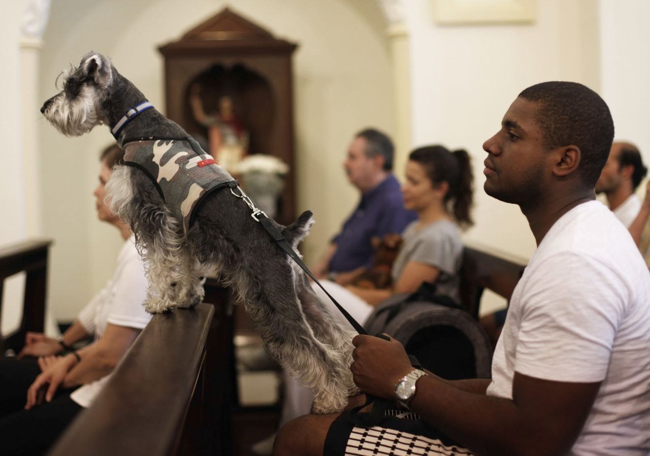 A man and his dog wait for the blessing at Sao Francisco de Assis Church in Sao Paulo, Brazil, on Thursday, October 4. 