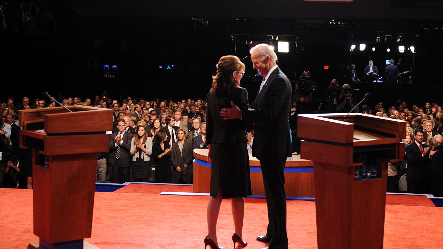 Joe Biden greets Sarah Palin during the 2008 vice presidential debate in St. Louis.