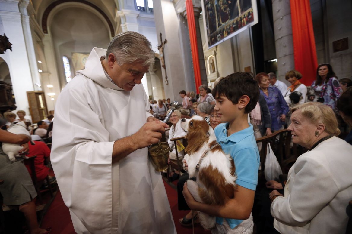 Priest Gil Florini blesses a dog during Sunday's Mass.