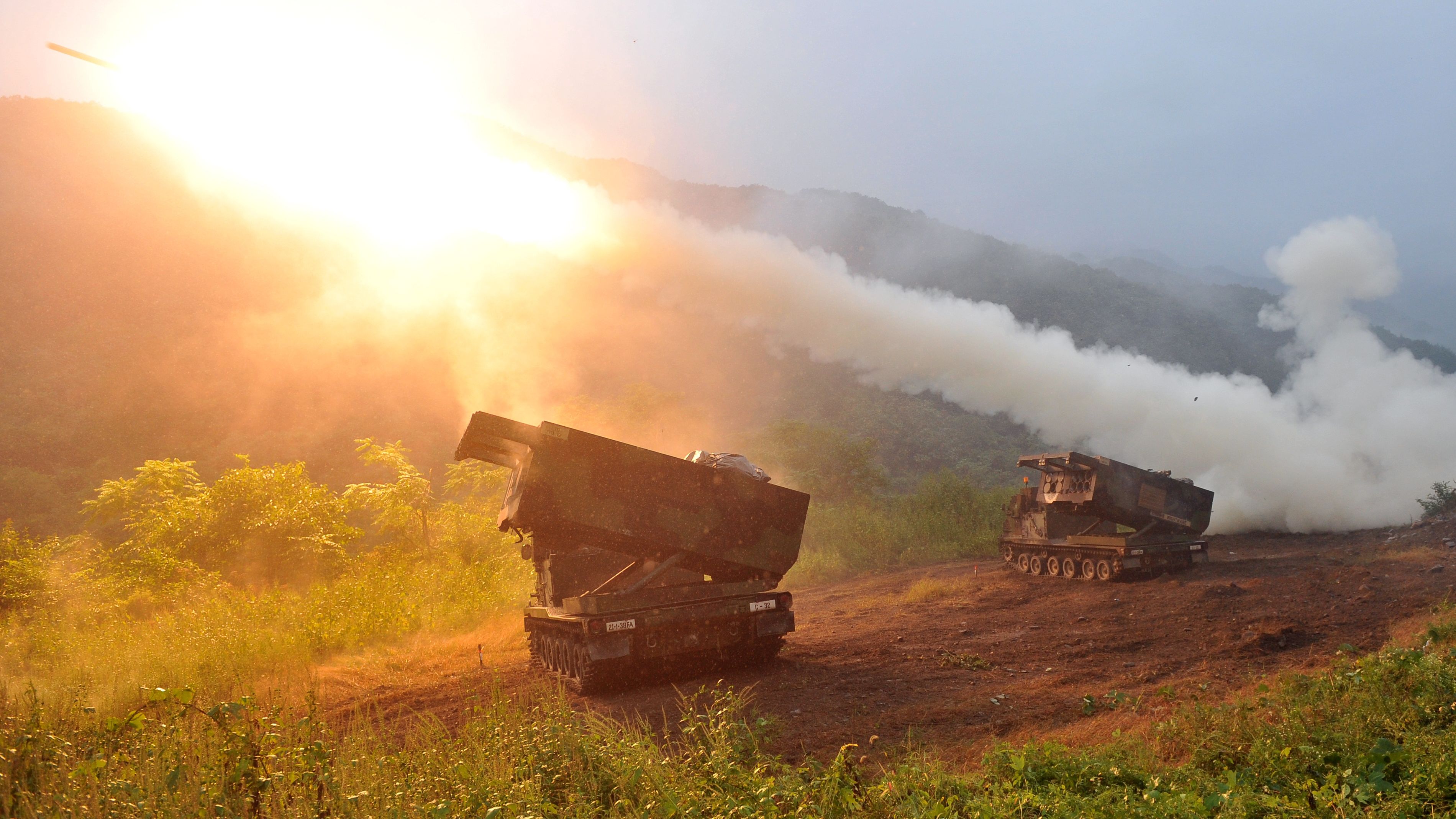 The U.S. Multiple Launch Rocket System launches rockets during a live training exercise in South Korea on September 13.