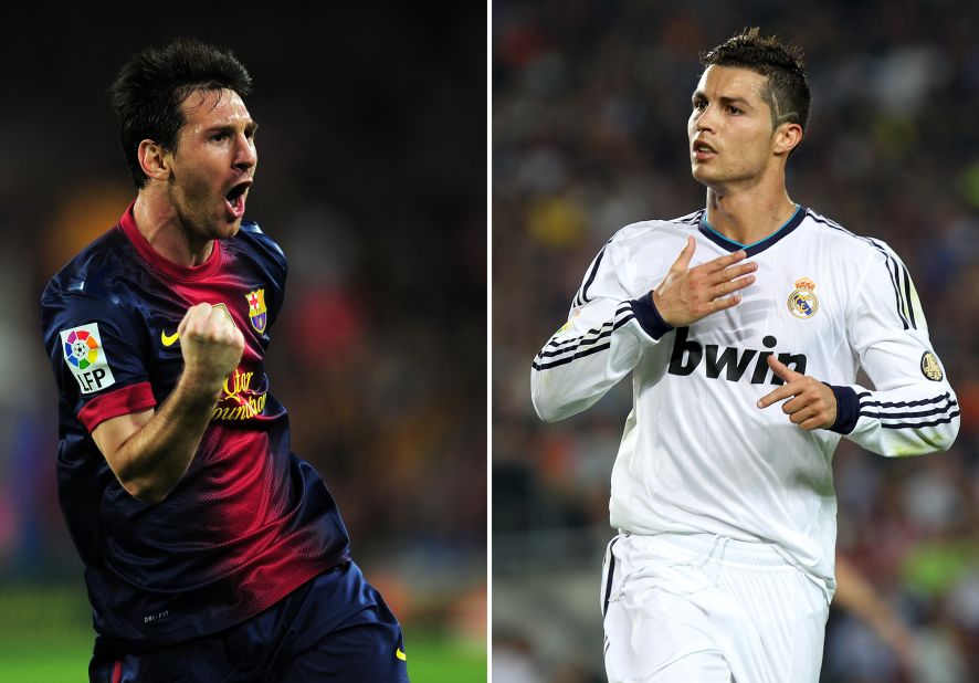 Lionel Messi (left) and Cristiano Ronaldo celebrate goals in the El Clasico clash in the Camp Nou. 