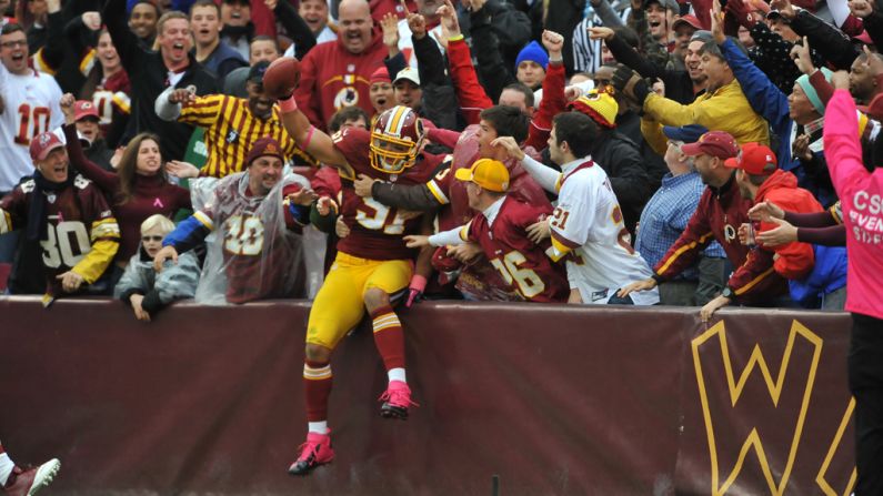 Ryan Kerrigan of the Redskins celebrates after running an interception for a touchdown Sunday against the Falcons.