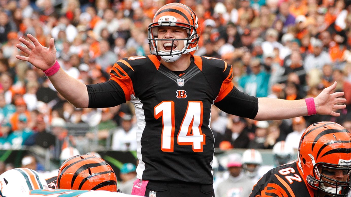 Cincinnati Bengals quarterback Andy Dalton yells to his offensive line before the start of a play Sunday against the Miami Dolphins at Paul Brown Stadium in Cincinnati.