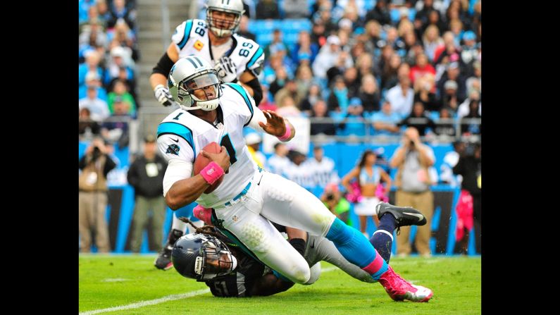 Bruce Irvin of the Seahawks sacks Panthers quarterback Cam Newton.