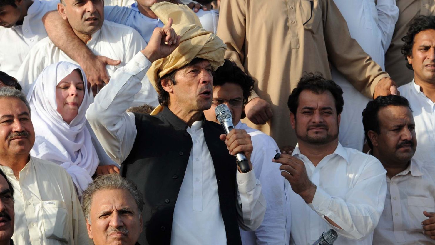 Pakistani politician Imran Khan addresses a peace rally against drone strikes in Tank, Pakistan, on Sunday.