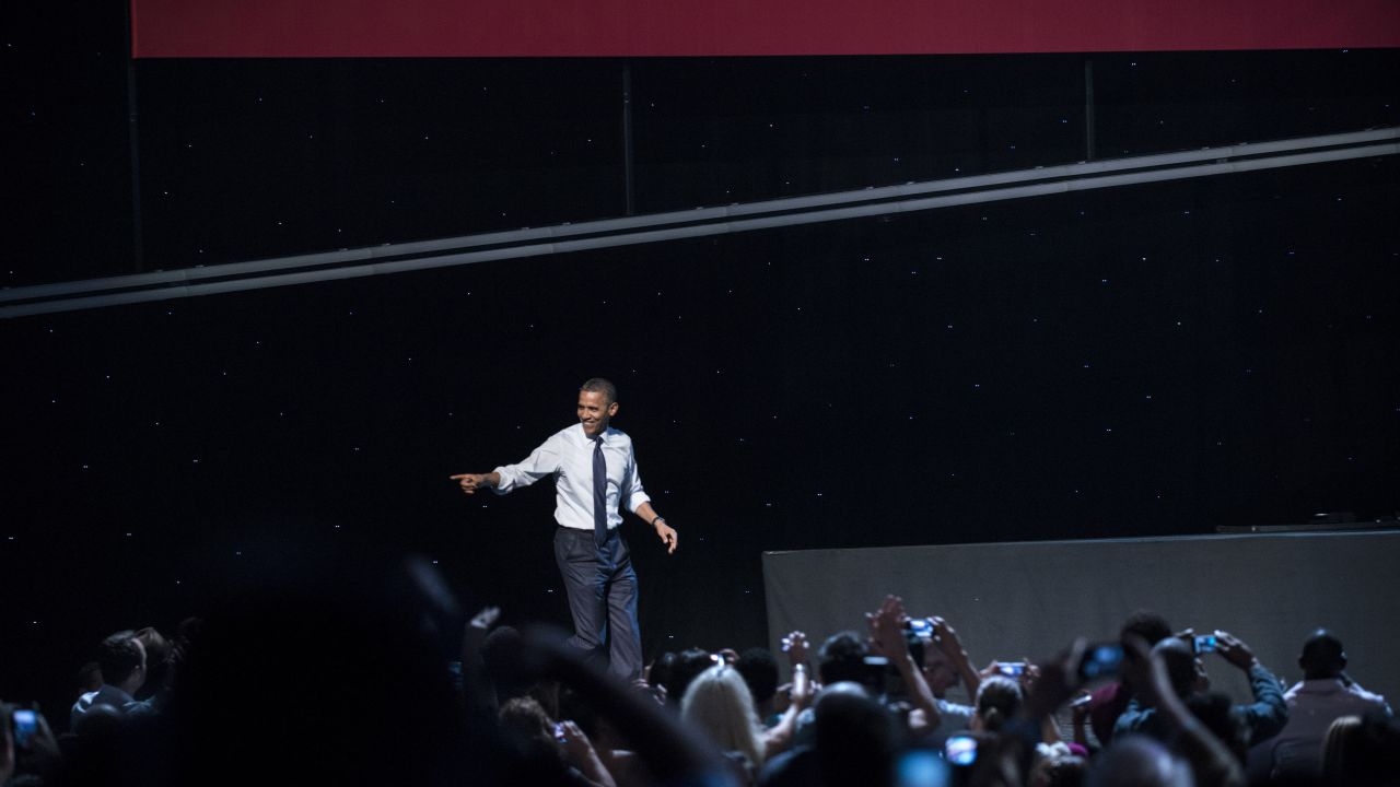 Obama takes the stage at a campaign concert at the Nokia Theatre in Los Angeles on Sunday, October 7. The president has been on a three-day trip to California and Ohio.