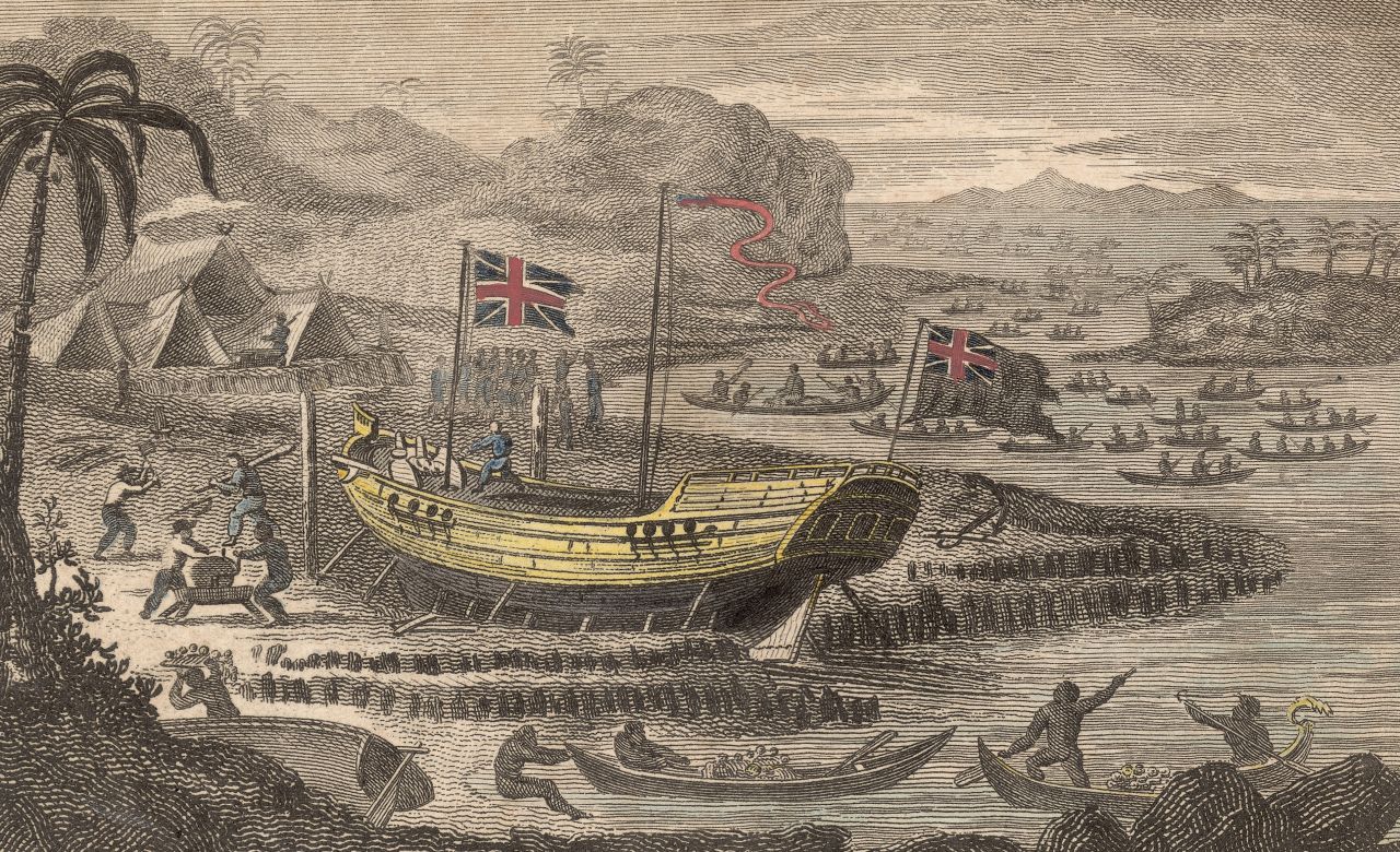One of the best known trading companies of the era was Britain's East India Company. This historic painting depicts the company's Captain Henry Wilson shipwrecked on the Pelew Islands, later the Republic of Palau, around 1783.