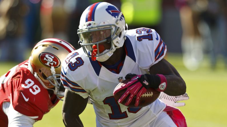 Steve Johnson of the Buffalo Bills is tackled Sunday by Aldon Smith of the San Francisco 49ers.