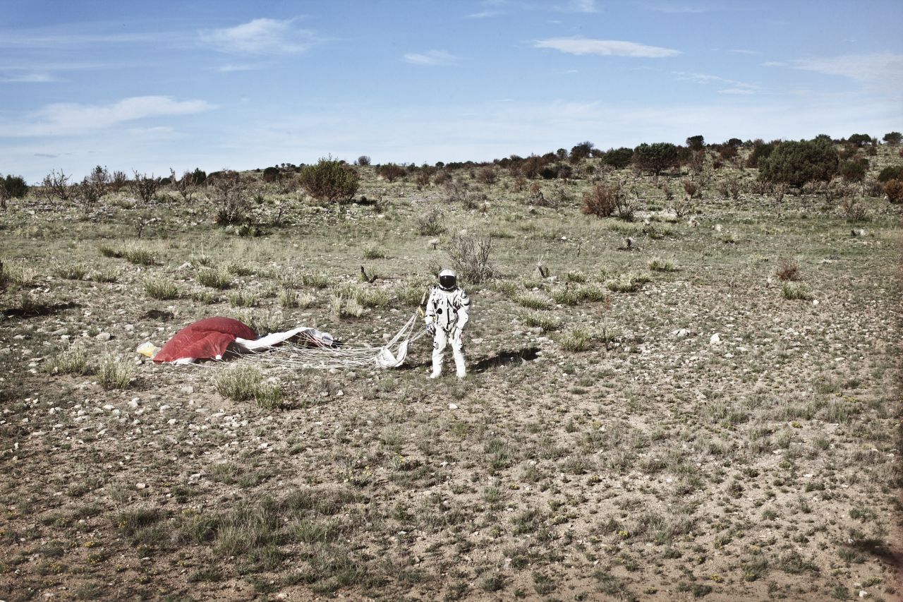 Baumgartner stands in the desert after completing the second manned test flight for Red Bull Stratos in Roswell, New Mexico, on July 25.