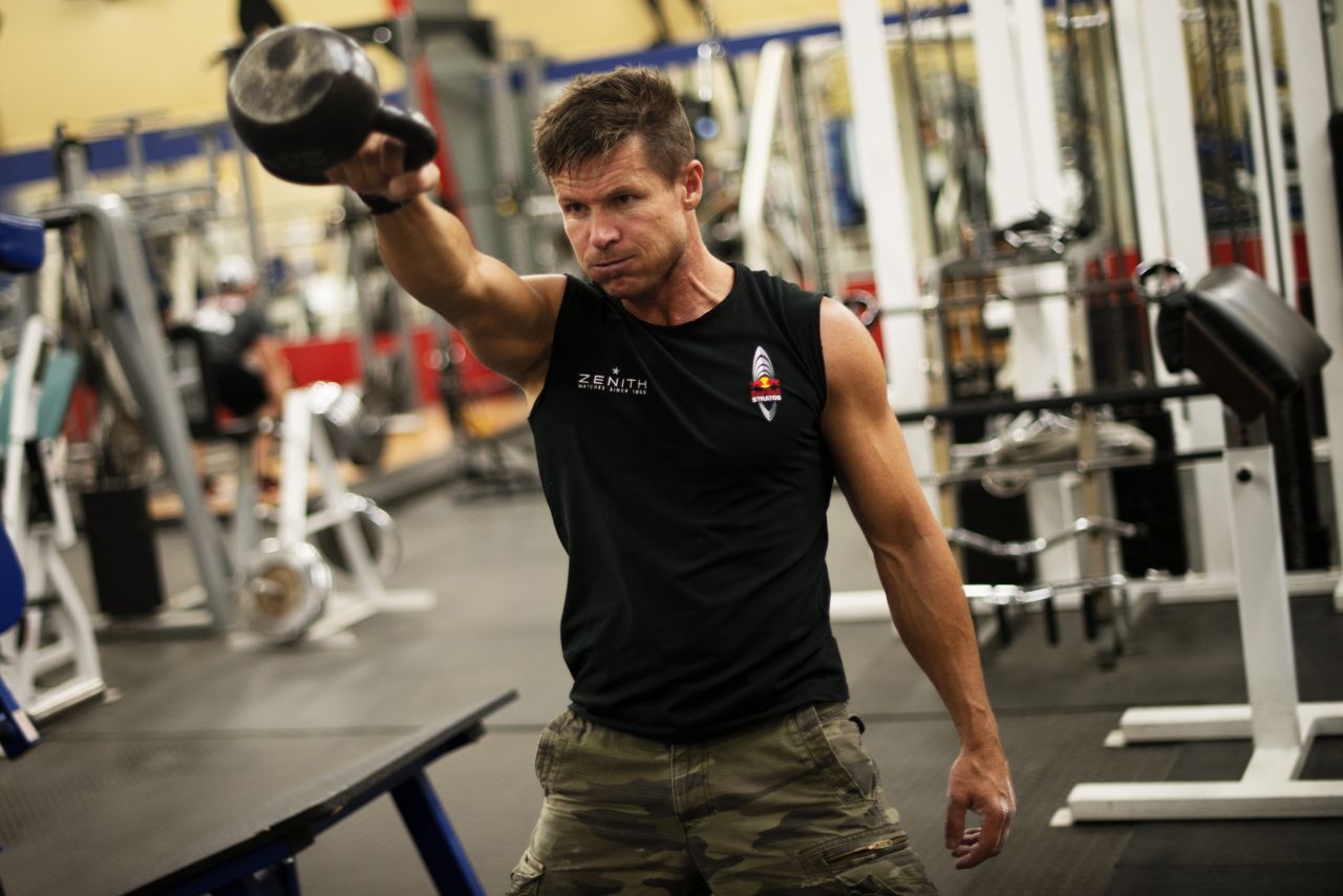 Baumgartner works out during preparations for the flight in Roswell on Sunday, October 7.