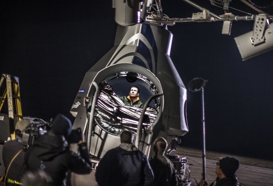 Baumgartner sits in his capsule before the scheduled final manned flight of Red Bull Stratos in Roswell on Tuesday, October 9.