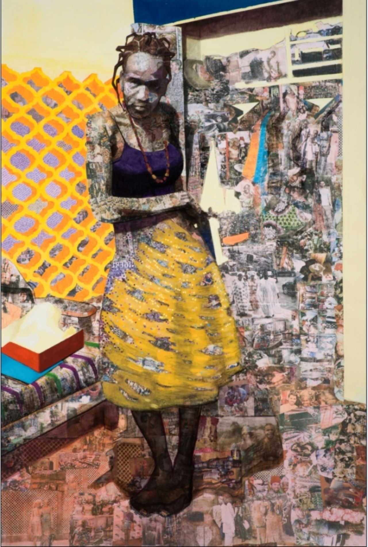 Like most of Akunyili's works, this 2011 piece is on paper using a combination of paint, charcoal, pastel, colored pencil, collage and photocopy transfers.