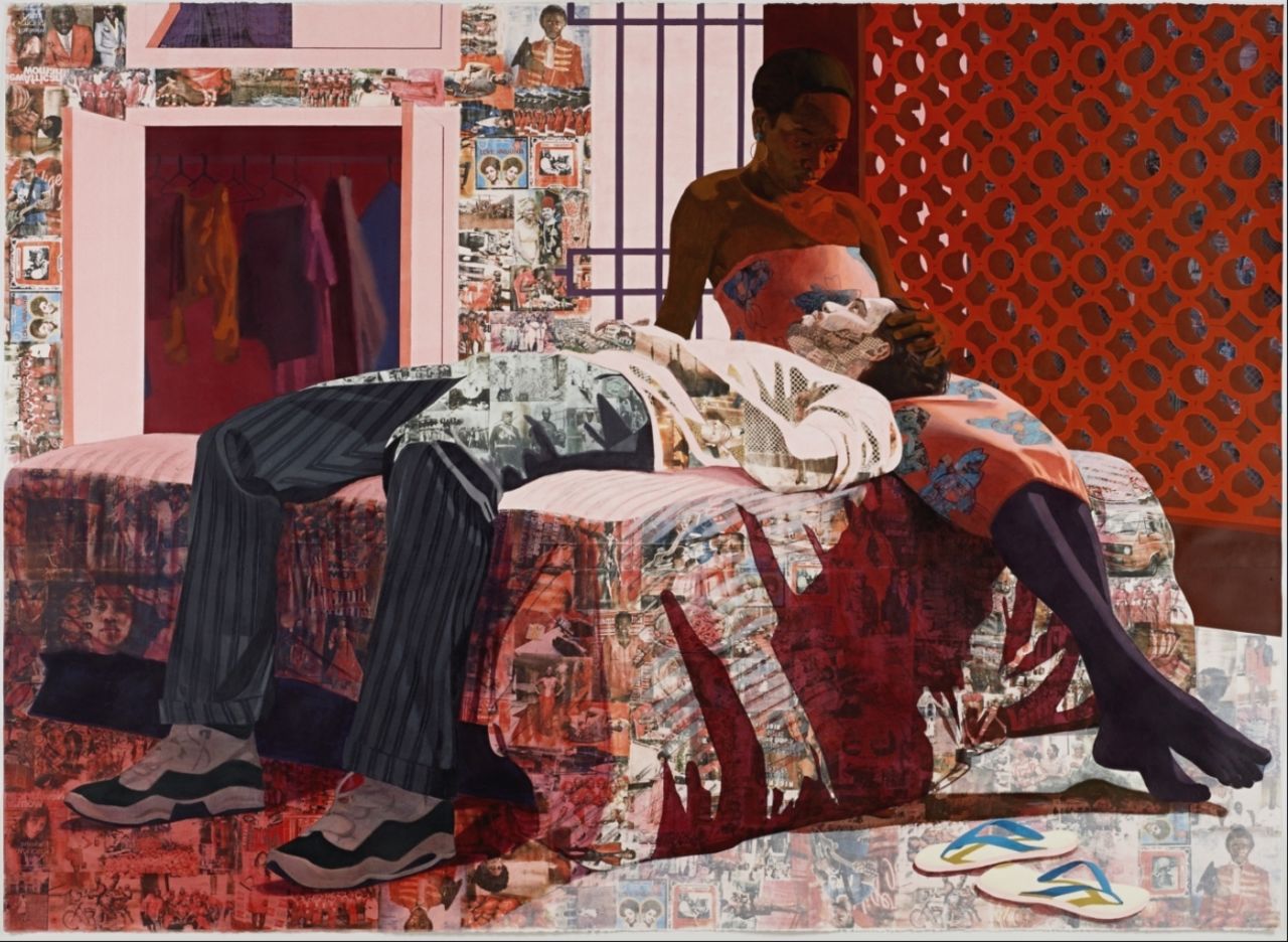 "The title is from a Nigerian song that was very popular when I was growing up," said Akunyili. "Images of the record cover are transferred into the piece.