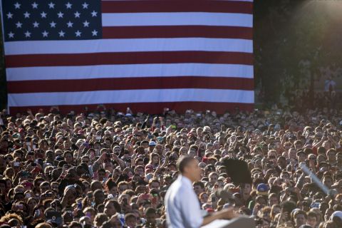 Obama addresses supporters during a campaign event at The Ohio State University on Tuesday.