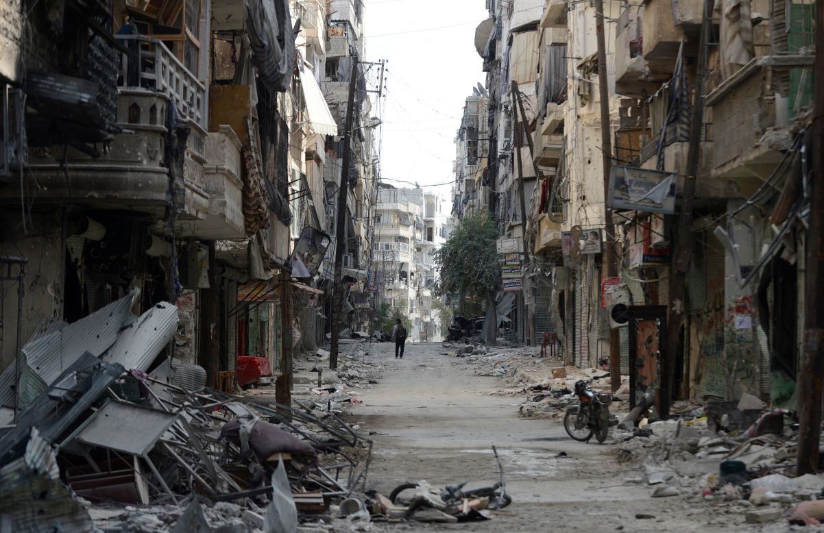 A rubble-filled street is seen during clashes between rebel fighters and Syrian government forces in the Saif al-Dawla district of Aleppo on Tuesday.