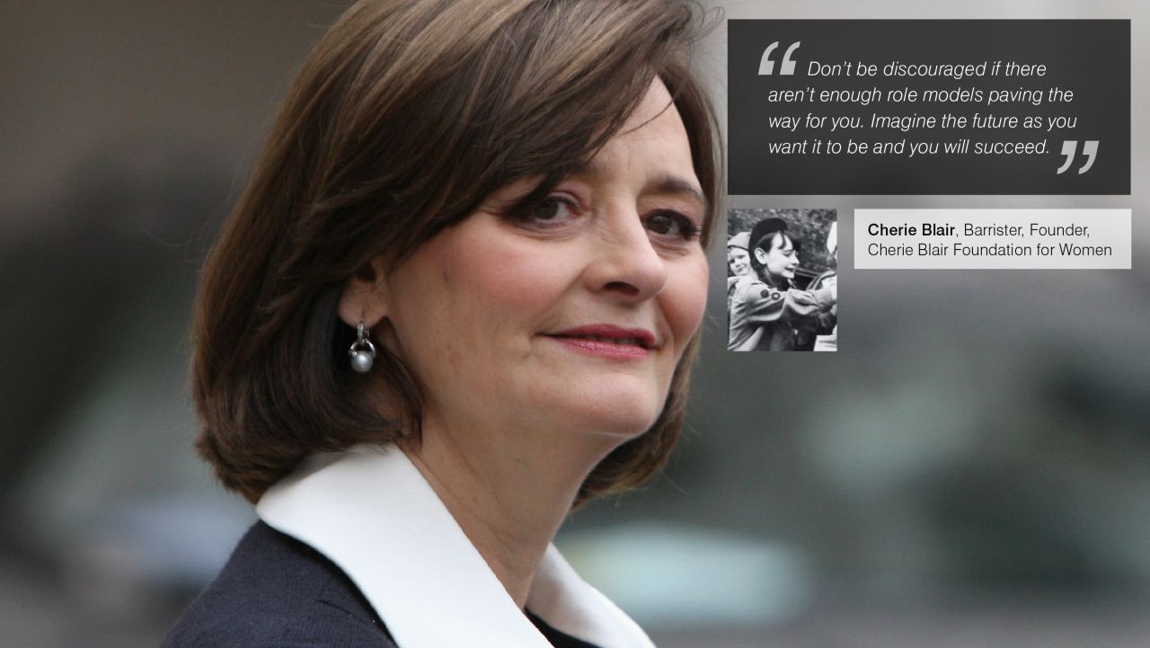 <a href="https://twitter.com/CherieBlairFndn" target="_blank" target="_blank"><strong>Cherie Blair</strong></a> is a British barrister specializing in public law, human rights, employment and European Community law, arbitration and mediation. She is also the founder of the Cherie Blair Foundation for Women and is married to former British Prime Minister, Tony Blair. Inset: Blair, aged 14, as a girl guide.