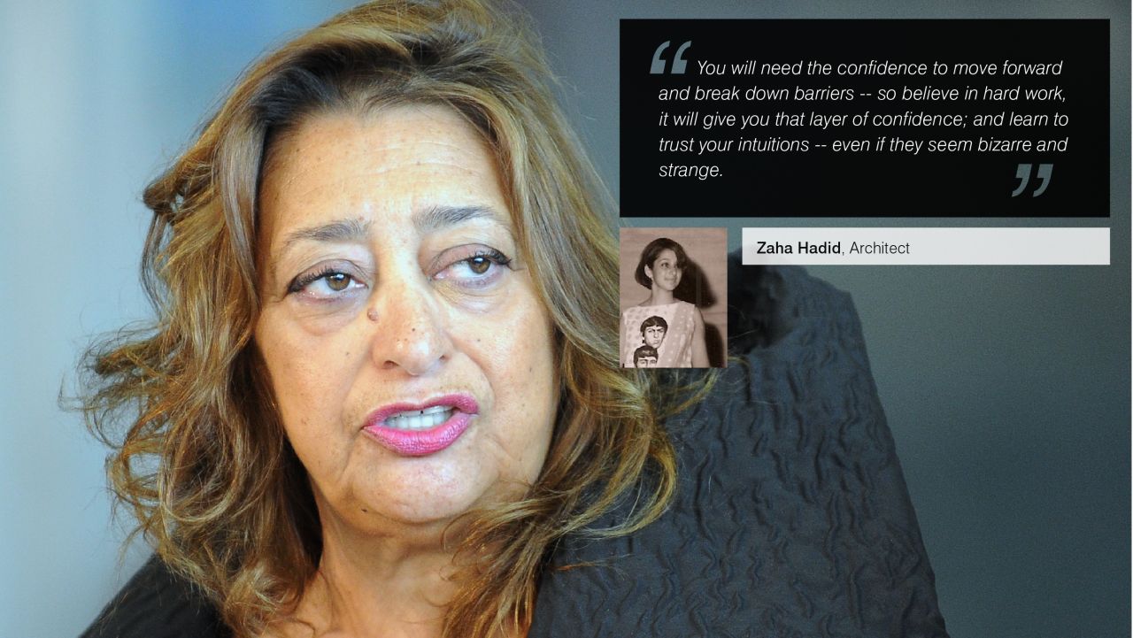 Iraqi-born<a href="https://www.cnn.com/2012/08/01/business/leading-women-zaha-hadid/index.html" target="_blank"><strong> Zaha Hadid</strong></a> is a celebrated architect and the first woman to win architecture's Pritzker Prize. Recently, Hadid designed the <a href="https://www.cnn.com/2012/07/10/world/europe/london-2012-olympics-environment/index.html" target="_blank"><strong>London Olympics Aquatics Centre</strong></a>. 