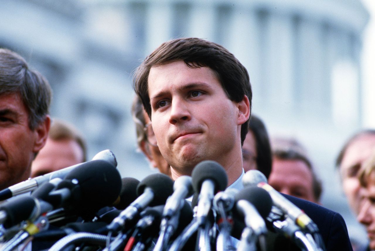 In 1984 Frank McCloskey beat Rick McIntyre by 4 votes to represent Indiana's 8th Congressional District. Pictured, McIntyre speaks at a May 1985 press conference after McCloskey is voted into office.  