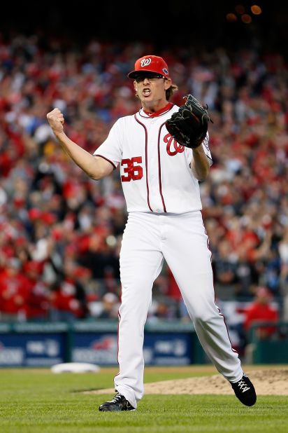 Pitcher Tyler Clippard of the Washington Nationals exults after striking out the side in the eighth inning Thursday at Nationals Park. 