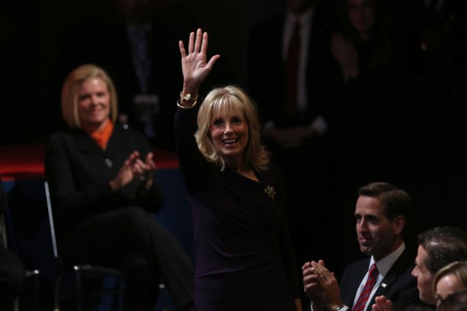Dr. Jill Biden, wife of Joe Biden, greets the crowd.