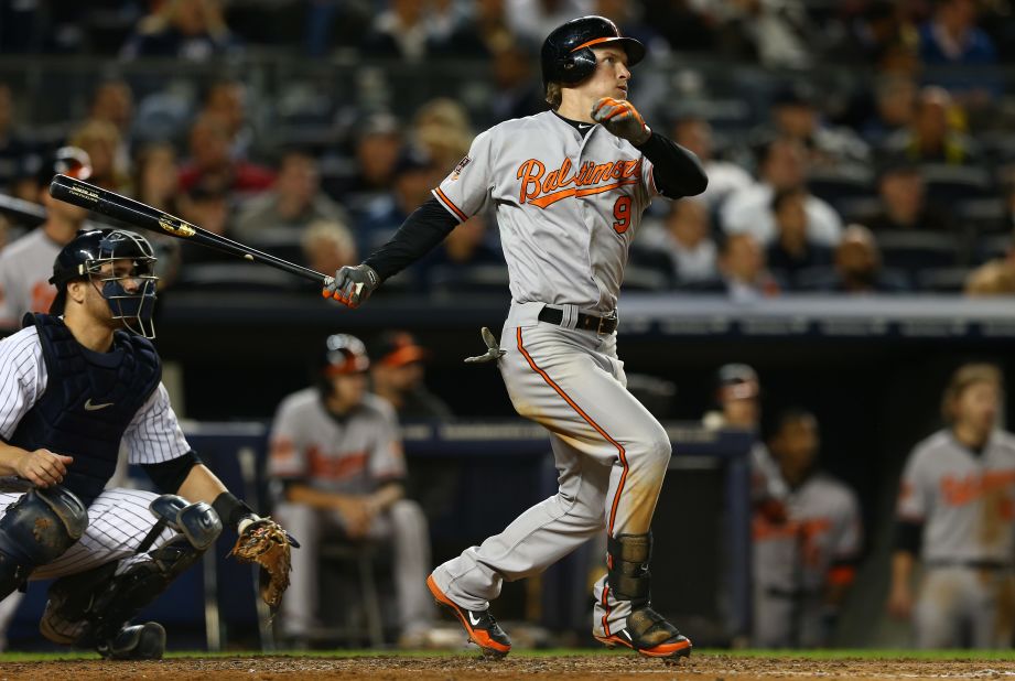 Baltimore Orioles outfielder Nate McLouth smashes a solo home run during the fifth inning of Thursday night's American League Division Series game against the Yankees in New York.
