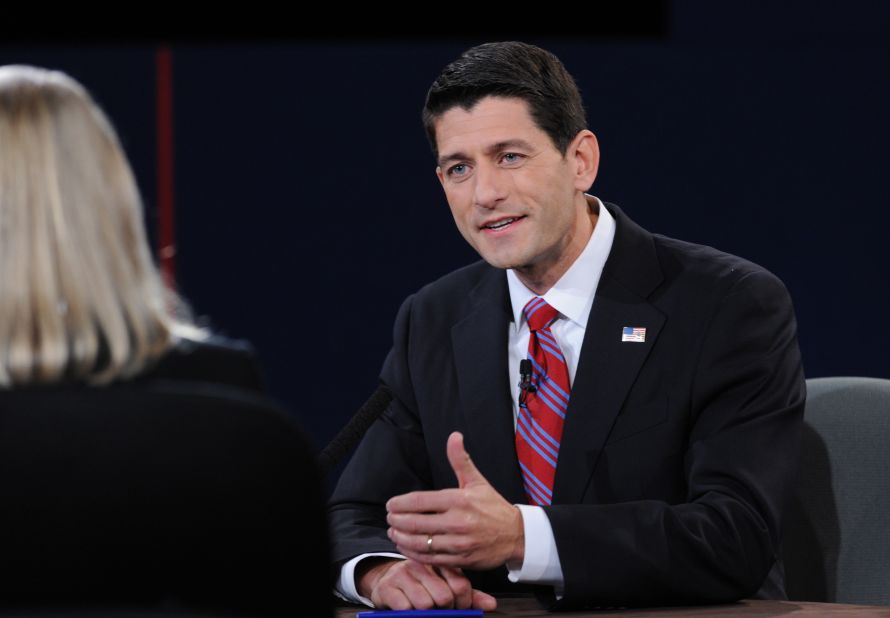 Vice presidential candidate Paul Ryan engages the moderator during the vice presidential debate.