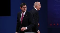 DANVILLE, KY - OCTOBER 11:  U.S. Vice President Joe Biden (L) and Republican vice presidential candidate U.S. Rep. Paul Ryan (R-WI) (R) walk off stage after the vice presidential debate at Centre College October 11, 2012 in Danville, Kentucky.  This is the second of four debates during the presidential election season and the only debate between the vice presidential candidates before the closely-contested election November 6.  (Photo by Justin Sullivan/Getty Images)