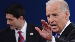 U.S. Vice President Joe Biden, right, and Republican vice presidential candidate Paul Ryan depart the stage following their debate on Thursday, October 11. See the many expressions of Vice President Joe Biden during the debate.