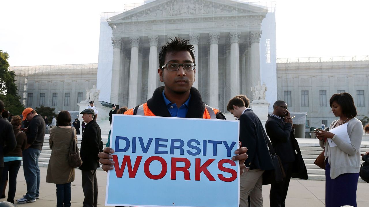 A supporter of affirmative action in front of the U.S. Supreme Court on Wednesday.