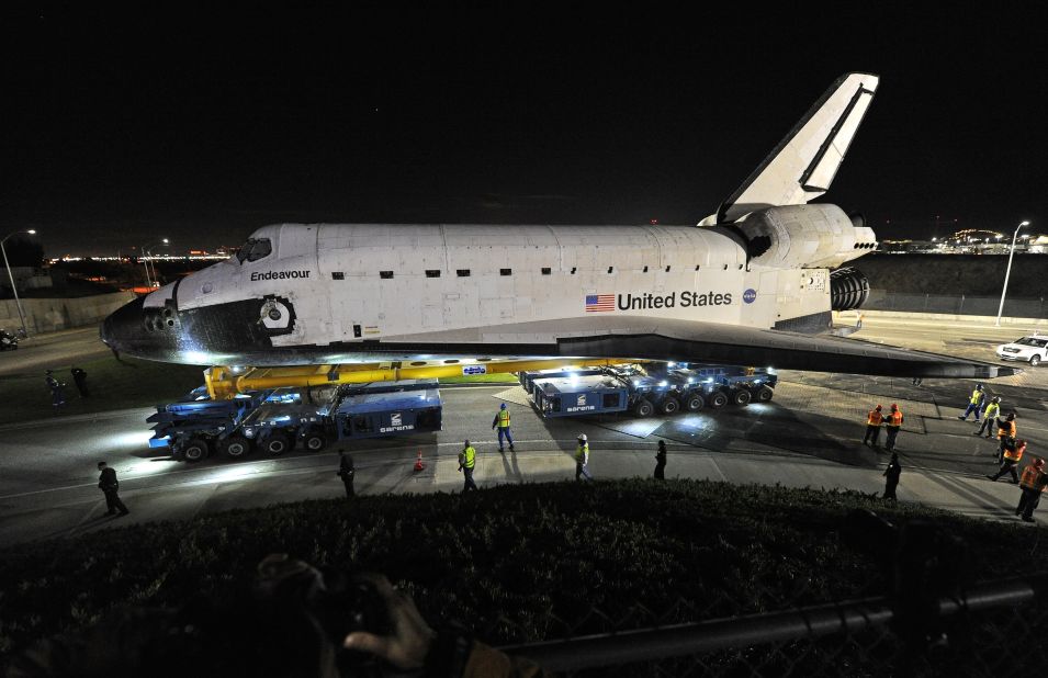 Computer-controlled transporters help move Endeavour across Los Angeles International Airport early Friday.