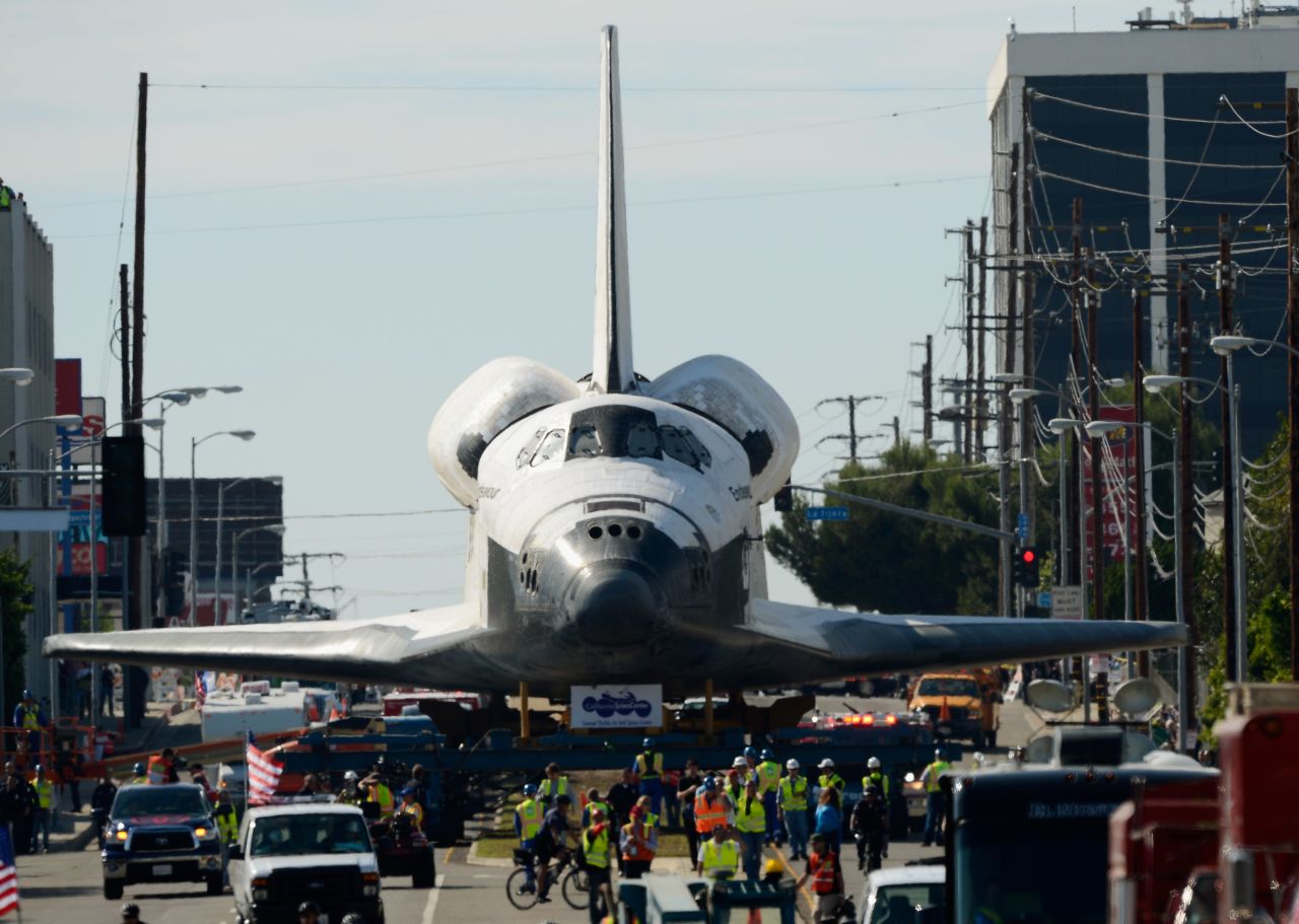 The space shuttle Endeavour is transported to the California Science Center in Exposition Park from Los Angeles International Airport on Friday, October 12, in Los Angeles.