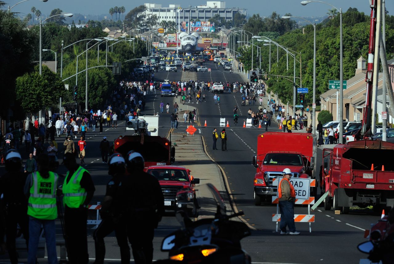 Road blocks preceed Endeavour on its journey to the California Science Center.