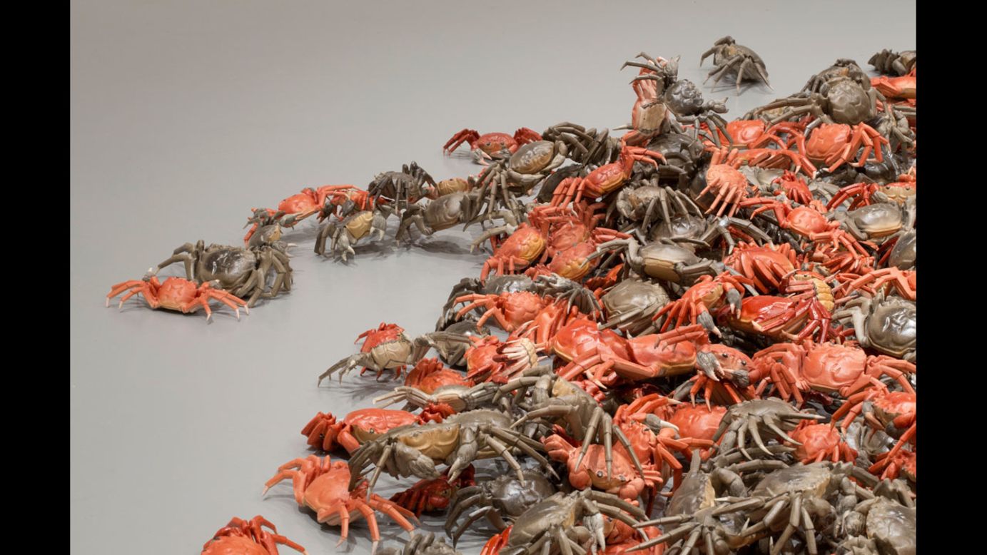 "He Xie" (detail, 2010) includes more than 3,000 porcelain river crabs. The Chinese word for "river crab" is a homophone for the word for "harmonious" as used in the Communist slogan. "He Xie" is slang for online censorship, according to the museum.