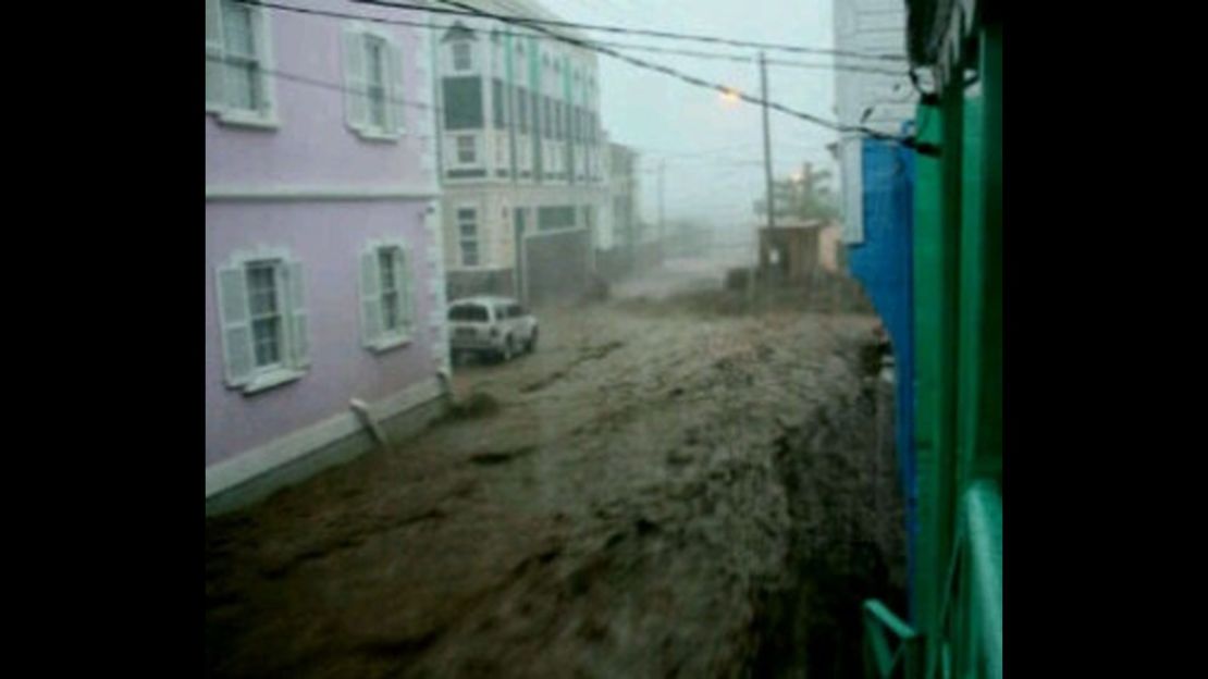 College Street, which  runs through the middle of Basseterre, St. Kitts, is filled with floodwaters.