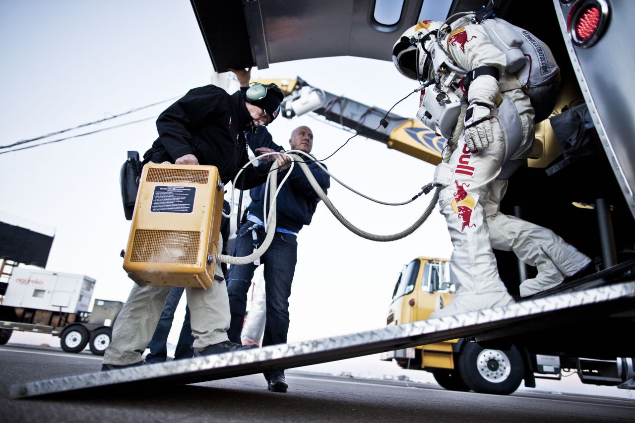 Baumgartner exists his trailer Sunday.