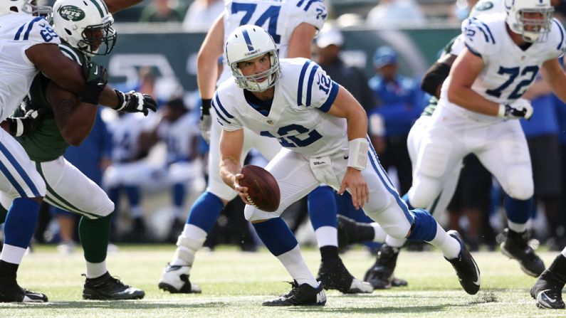 Quarterback Andrew Luck of the Indianapolis Colts runs with the ball against the New York Jets on Sunday at MetLife Stadium in East Rutherford, New Jersey.