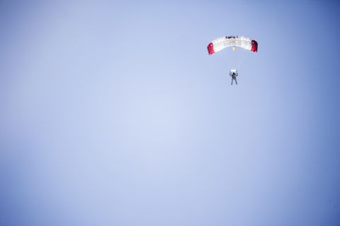 Baumgartner parachutes to Earth after his record-breaking skydive on Sunday.