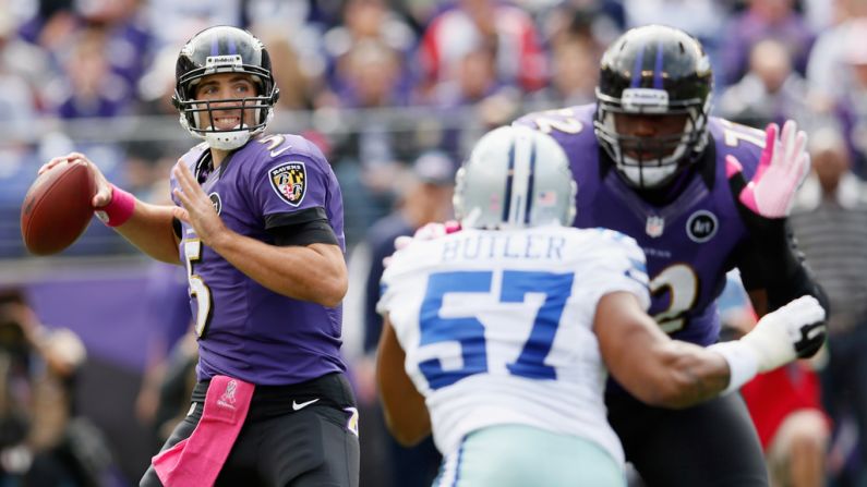 Quarterback Joe Flacco of the Baltimore Ravens drops back to pass against the Dallas Cowboys on Sunday at M&T Bank Stadium in Baltimore.