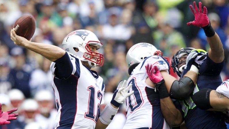 New England Patriots quarterback Tom Brady passes the ball against the Seattle Seahawks on Sunday at CenturyLink Field in Seattle.